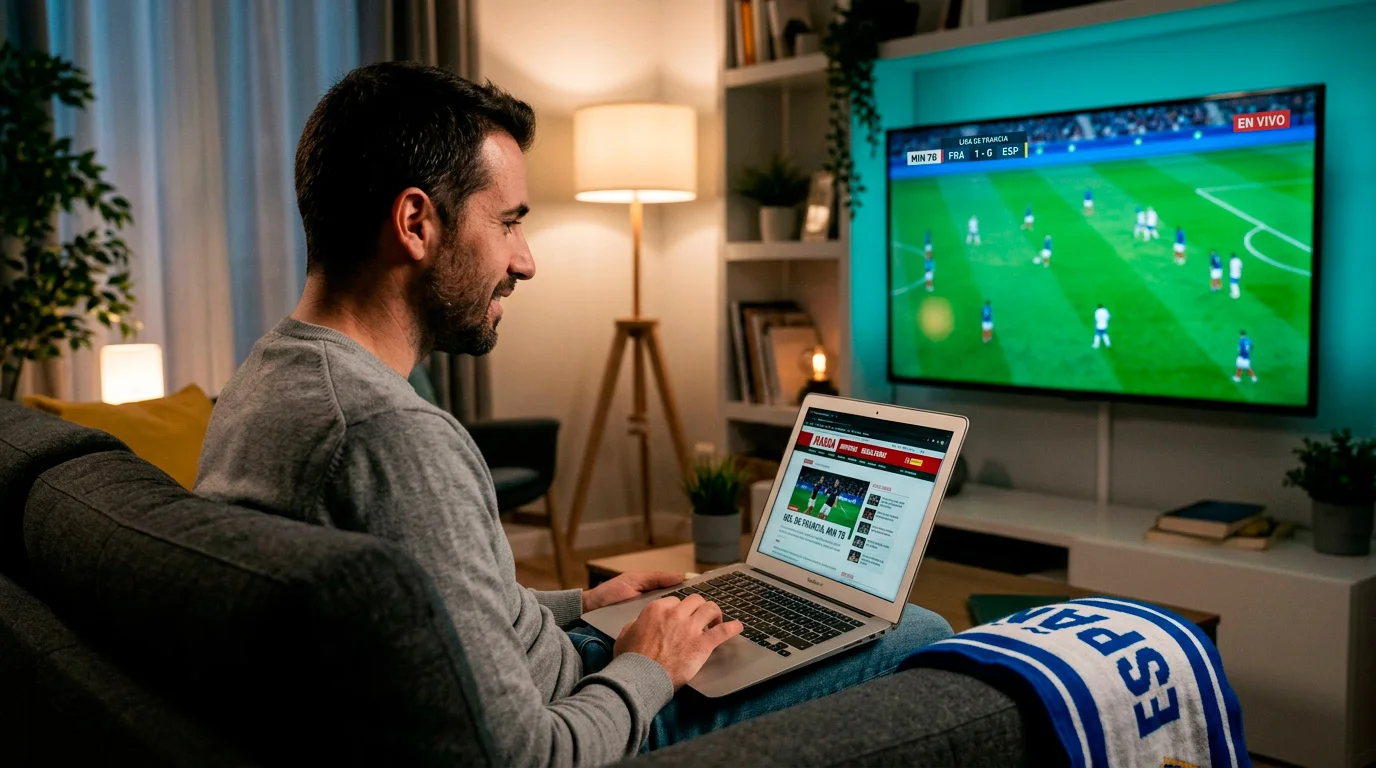 Aficionado siguiendo un partido de fútbol de la Ligue 1 en un portátil con cuotas en directo