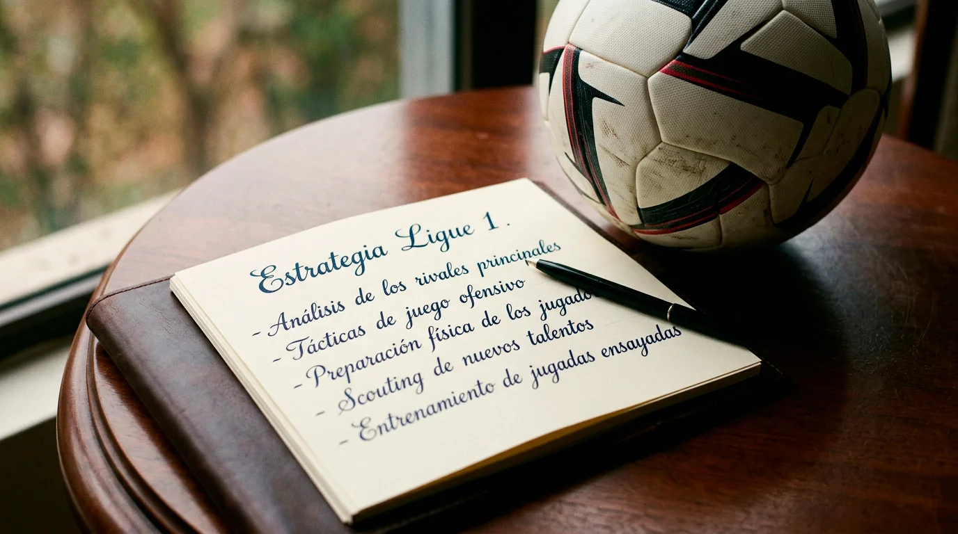 Cuaderno de apuntes y bolígrafo junto a un balón de fútbol sobre un escritorio de madera