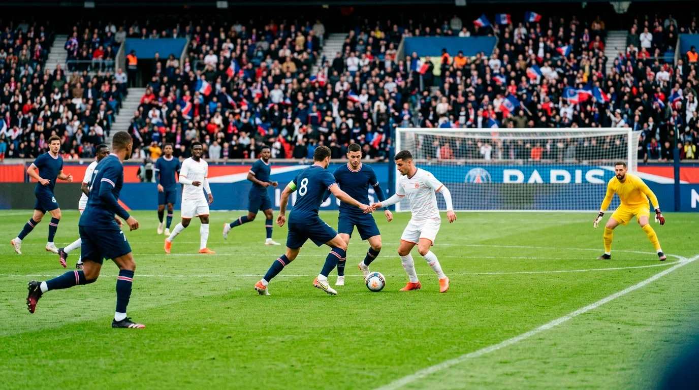 Estadio de la Ligue 1 con jugadores en el césped durante un partido de fútbol profesional francés