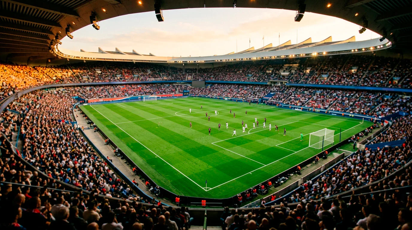 Estadio Parc des Princes durante un partido de Ligue 1, vista panorámica desde fondo norte