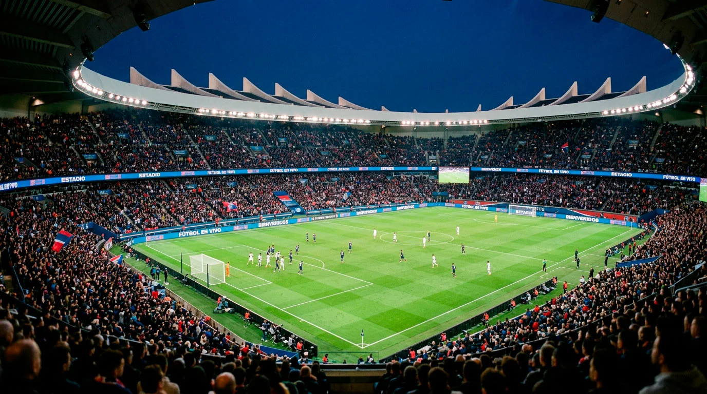 Vista panorámica del estadio Parc des Princes con gradas llenas durante un partido del PSG en la Ligue 1