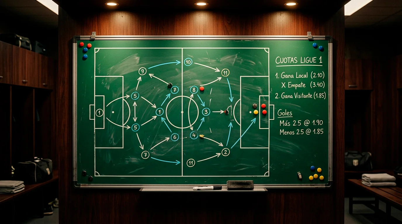 Pizarra táctica con anotaciones de un partido de la Ligue 1 en un vestuario de fútbol