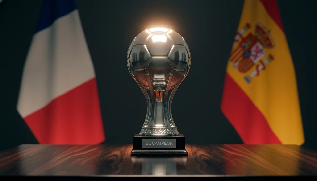 Trofeo de la Ligue 1 entre las banderas francesa y española sobre fondo editorial